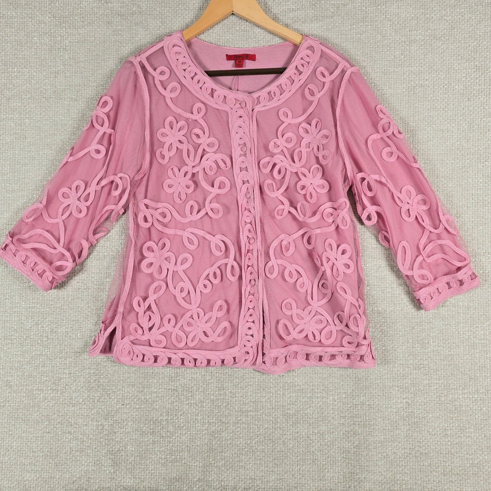 Joni B Womens Pink Soutache Mesh‎ Cardigan 3/4 Sleeve Button Front Size M